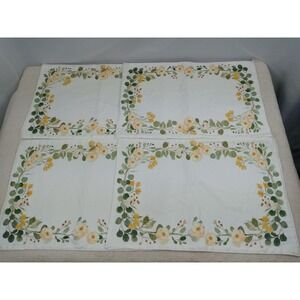 Floral Placemats Set of 4 White with Yellow Cream Flowers Green Leaves Cotton